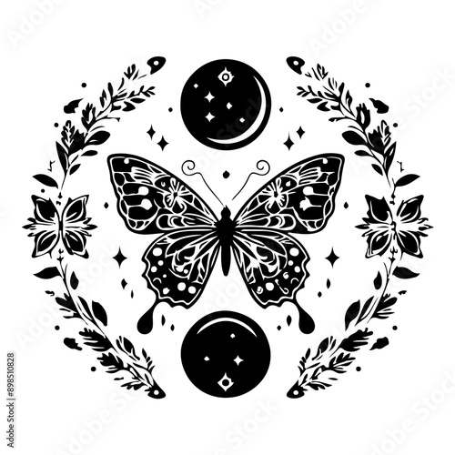 Bohemian Celestial butterfly tattoos, Silhouette Mystical occult symbols moth illustration.
