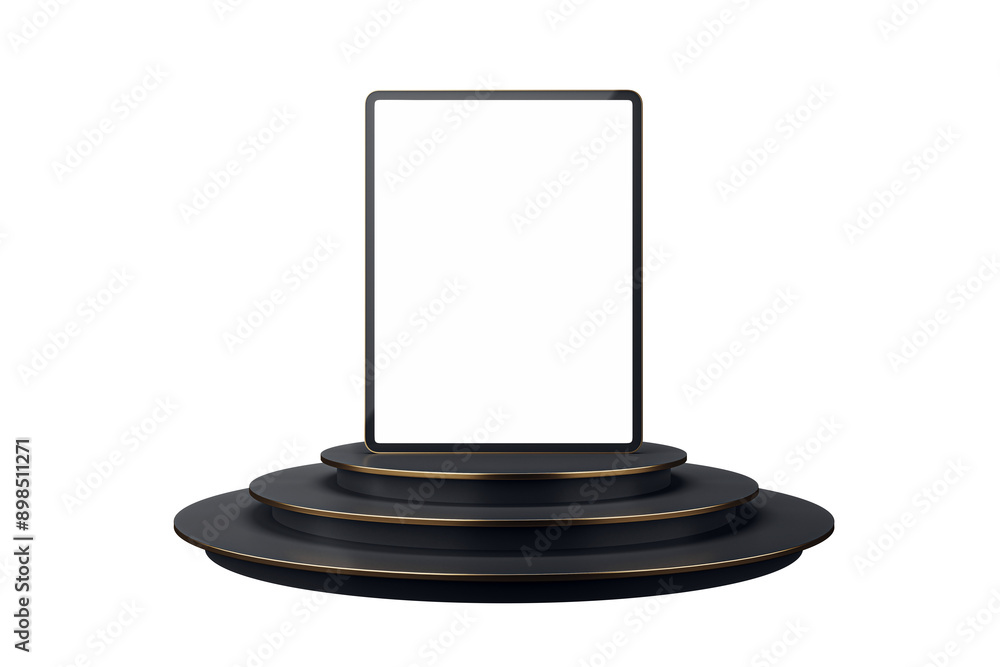 Digital tablet with blank screen displayed on black podium with gold accents, isolated on white background. Concept of technology and modern devices. 3D Rendering Digital tablet with blank screen displayed on black podium with gold accents, isolated on white background. Concept of technology and modern devices. 3D Rendering