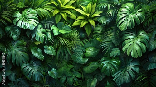 A lush green jungle with many leaves and vines