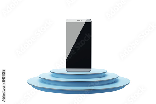 Wallpaper Mural A smartphone displayed on a blue, tiered podium. Clean, minimalist design in front view, against a white background. Concept of technology. 3D Rendering. Torontodigital.ca