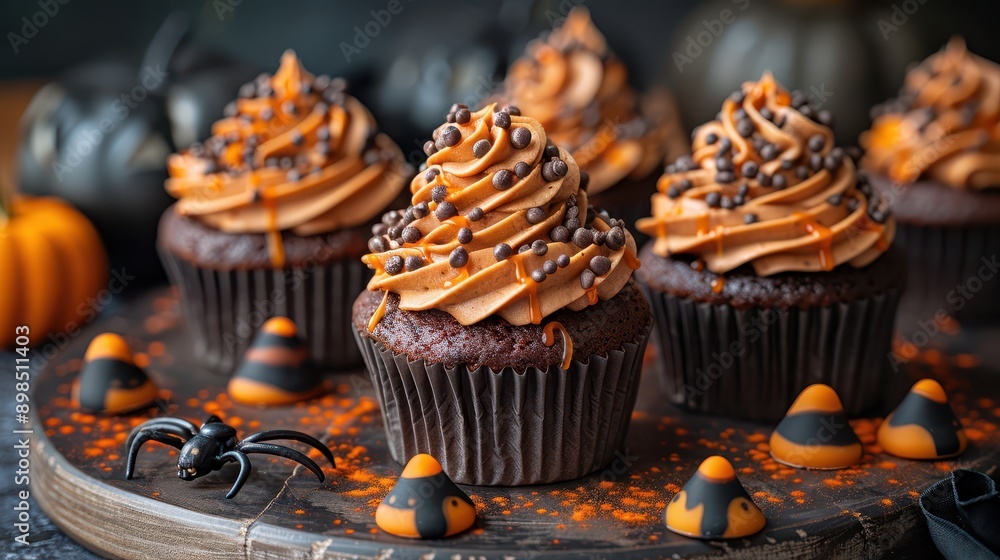 Spooky Halloween Cupcakes with Creepy Decorations Close-up Spooky Halloween Cupcakes with Creepy Decorations Close-up