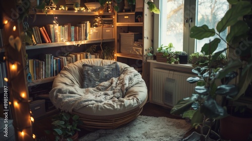 A cozy reading nook with a papasan chair,  shelves filled with books photo