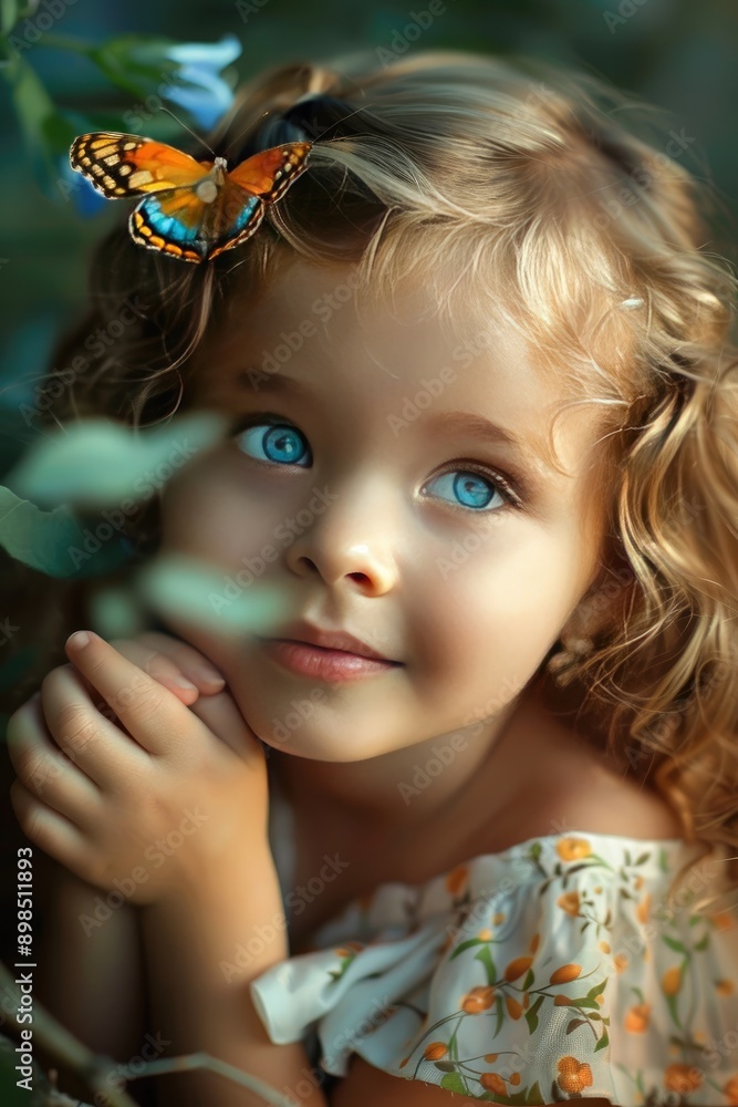 girl with a butterfly on the background of nature. Selective focus girl with a butterfly on the background of nature. Selective focus