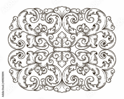 Isolated ornamental design. Ornamental elements for your designs. Black and white colors. Floral carving decoration for postcards, invitations, social media or wedding.