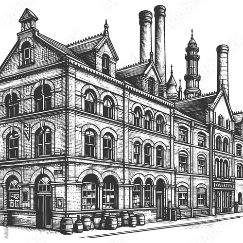 European beer factory brewery building with detailed architectural features, street view scene sketch engraving generative ai vector illustration. Scratch board imitation. Black and white image.