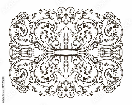 Isolated ornamental design. Ornamental elements for your designs. Black and white colors. Floral carving decoration for postcards, invitations, social media or wedding.