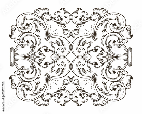 Isolated ornamental design. Ornamental elements for your designs. Black and white colors. Floral carving decoration for postcards, invitations, social media or wedding.