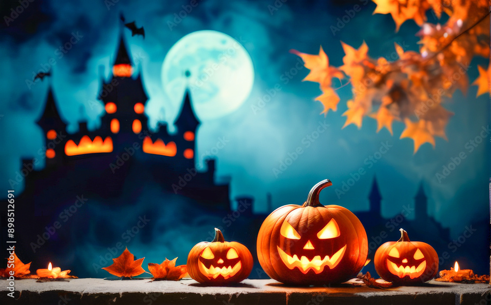 Halloween theme, pumpkin head on the background of dracula's castle with copy space Halloween theme, pumpkin head on the background of dracula's castle with copy space