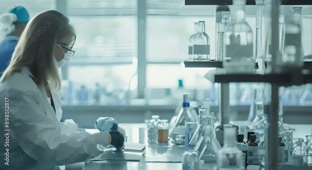 A woman in a lab coat is looking at a microscope. There are several bottles and beakers on the counter A woman in a lab coat is looking at a microscope. There are several bottles and beakers on the counter