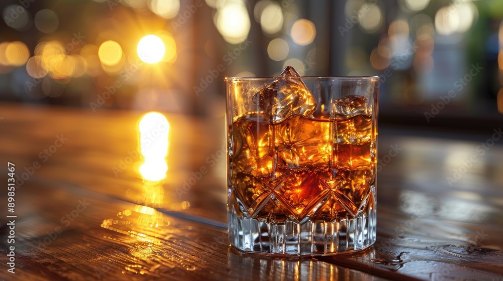 A glass of liquor is sitting on a wooden table A glass of liquor is sitting on a wooden table