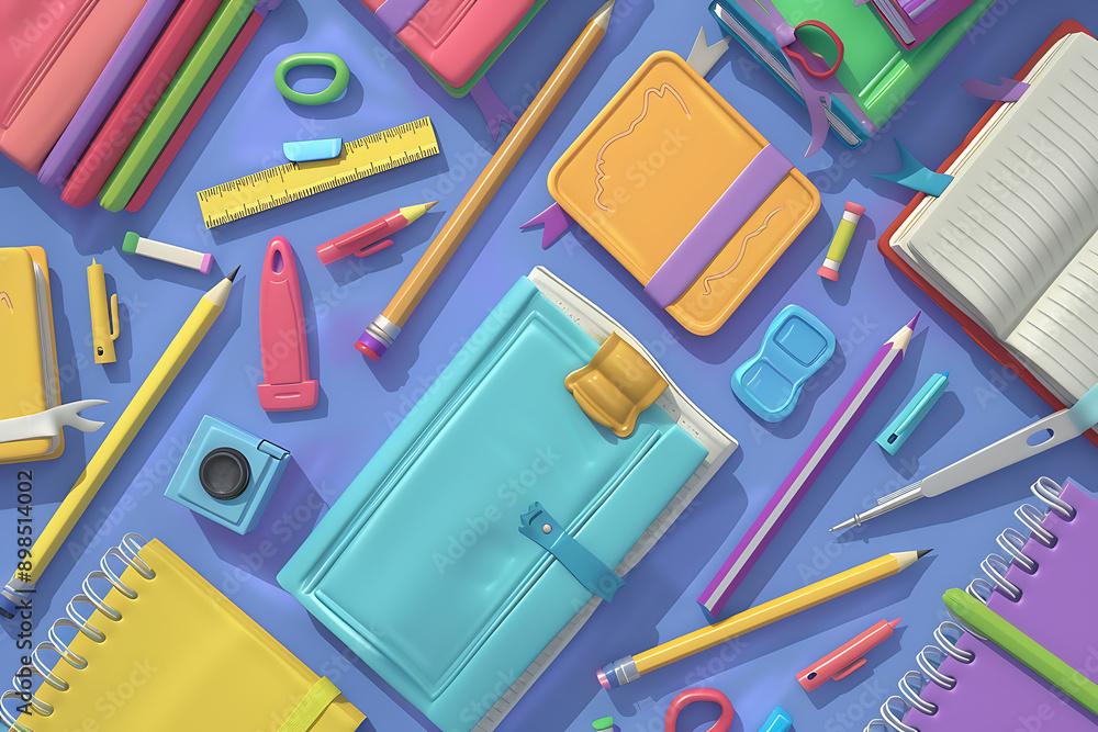 Illustration of backgrounds featuring various school supplies, such as books, pencils, rulers, and notebooks, creating an educational and vibrant theme. The background should be colorful and engaging, Illustration of backgrounds featuring various school supplies, such as books, pencils, rulers, and notebooks, creating an educational and vibrant theme. The background should be colorful and engaging,