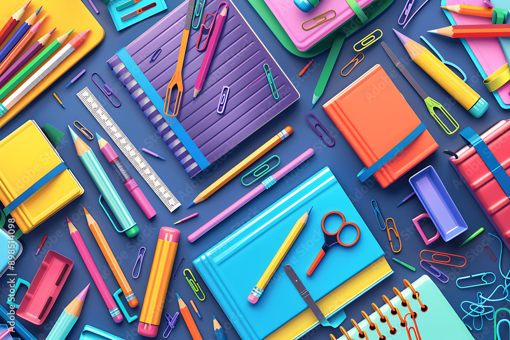 Illustration of backgrounds featuring various school supplies, such as books, pencils, rulers, and notebooks, creating an educational and vibrant theme. The background should be colorful and engaging, Illustration of backgrounds featuring various school supplies, such as books, pencils, rulers, and notebooks, creating an educational and vibrant theme. The background should be colorful and engaging,