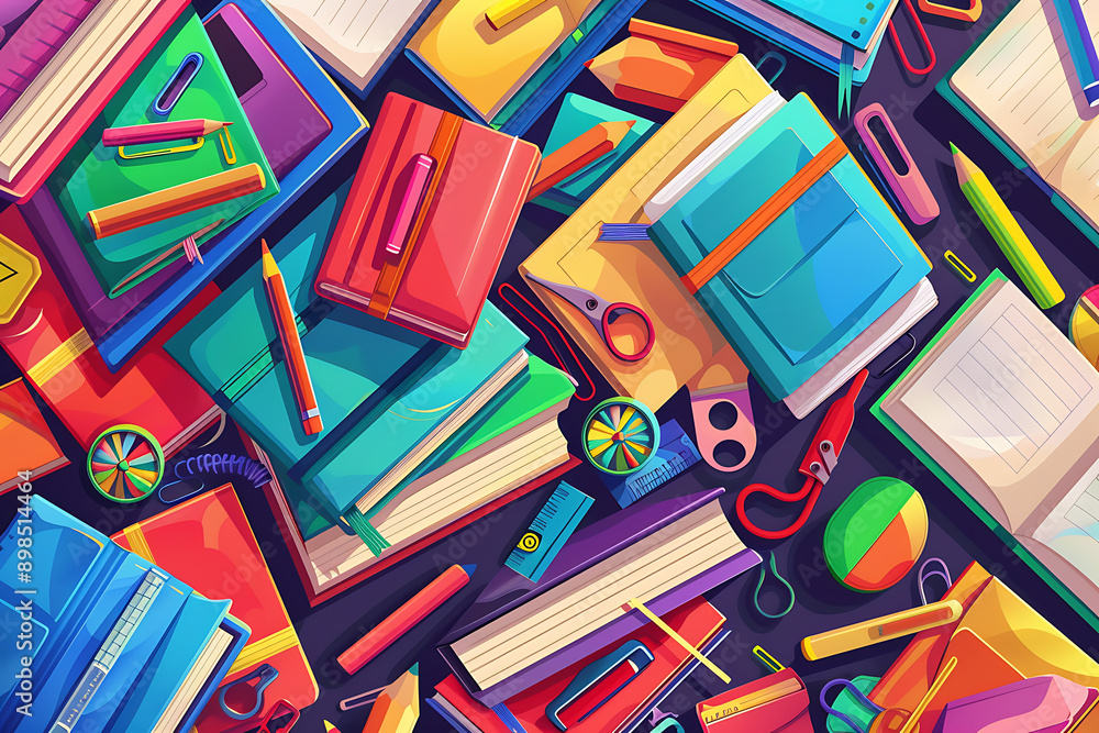 Illustration of backgrounds featuring various school supplies, such as books, pencils, rulers, and notebooks, creating an educational and vibrant theme. The background should be colorful and engaging, Illustration of backgrounds featuring various school supplies, such as books, pencils, rulers, and notebooks, creating an educational and vibrant theme. The background should be colorful and engaging,