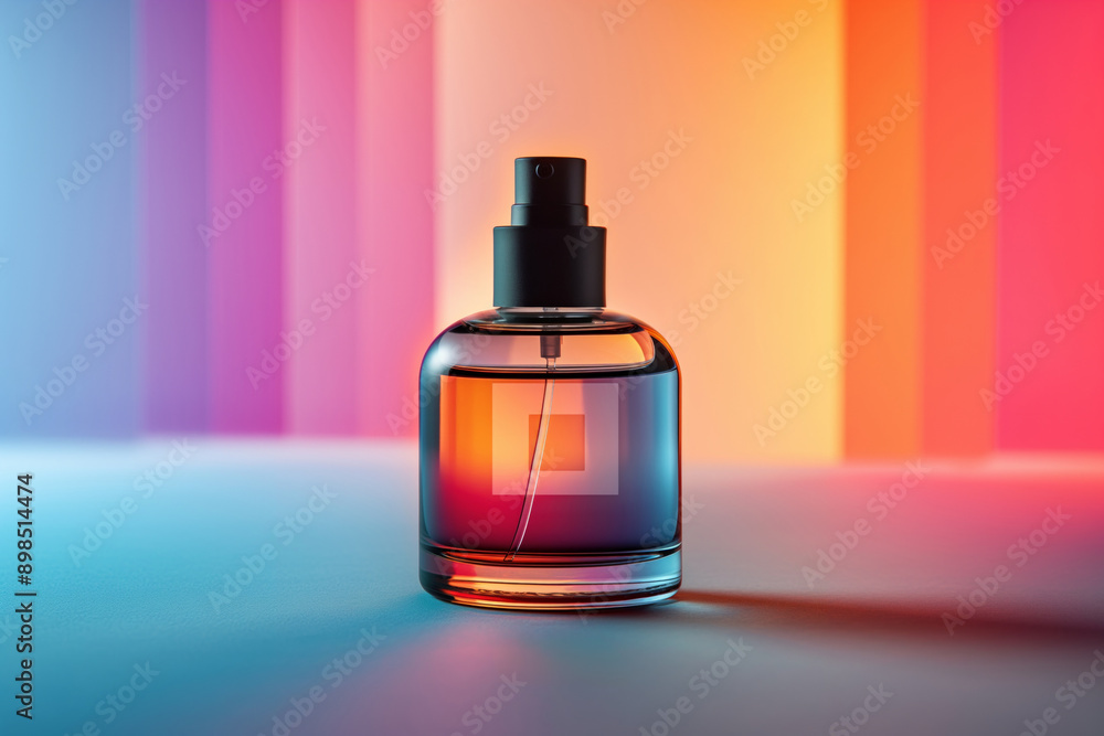 A sleek perfume bottle against a vibrant, colorful gradient background. A sleek perfume bottle against a vibrant, colorful gradient background.