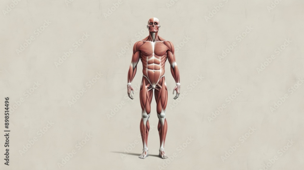A detailed medical illustration depicting the muscular system of the human body, highlighting the major muscles and their functions with precision, set against a neutral background for educational A detailed medical illustration depicting the muscular system of the human body, highlighting the major muscles and their functions with precision, set against a neutral background for educational