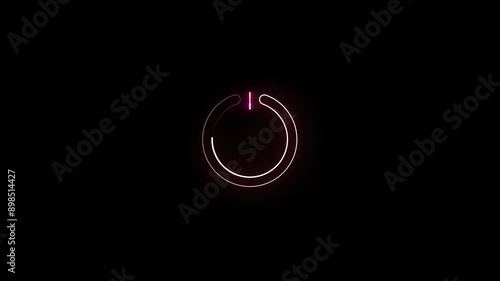 Neon glowing power button icon animation. Abstract neon power icon animation on black background