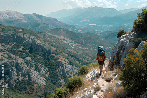 Solo hiker with a backpack walking along a mountain trail overlooking a stunning valley, capturing the essence of outdoor adventures and exploration in breathtaking landscapes.