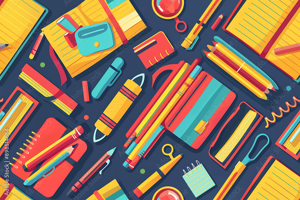 Illustration of backgrounds featuring various school supplies, such as books, pencils, rulers, and notebooks, creating an educational and vibrant theme. The background should be colorful and engaging, Illustration of backgrounds featuring various school supplies, such as books, pencils, rulers, and notebooks, creating an educational and vibrant theme. The background should be colorful and engaging,