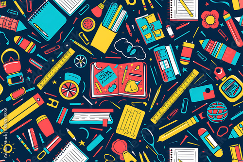 Illustration of backgrounds featuring various school supplies, such as books, pencils, rulers, and notebooks, creating an educational and vibrant theme. The background should be colorful and engaging,