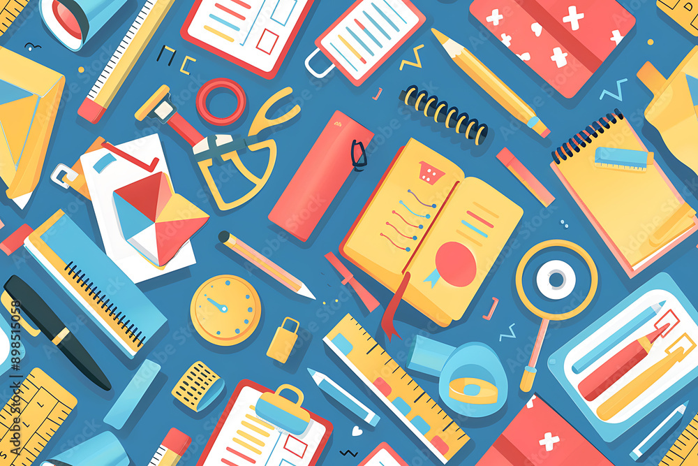Illustration of backgrounds featuring various school supplies, such as books, pencils, rulers, and notebooks, creating an educational and vibrant theme. The background should be colorful and engaging, Illustration of backgrounds featuring various school supplies, such as books, pencils, rulers, and notebooks, creating an educational and vibrant theme. The background should be colorful and engaging,