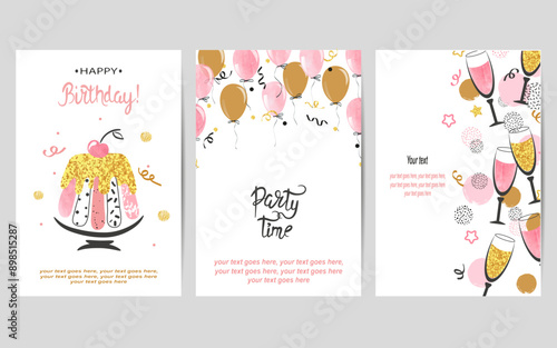Canvas Print Happy Birthday cards set in pink and golden colors