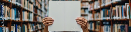 in his hands a book on the background of the library. Selective focus