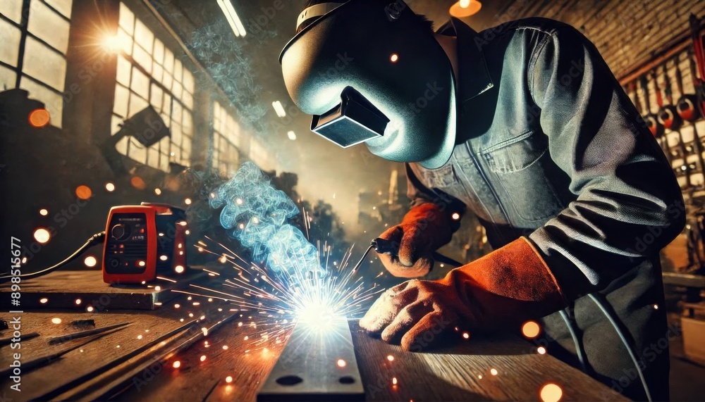 A welder in a protective helmet and gloves, intensely focused on welding metal with sparks flying in a workshop illuminated by warm light.
A welder in a protective helmet and gloves, intensely focused on welding metal with sparks flying in a workshop illuminated by warm light.