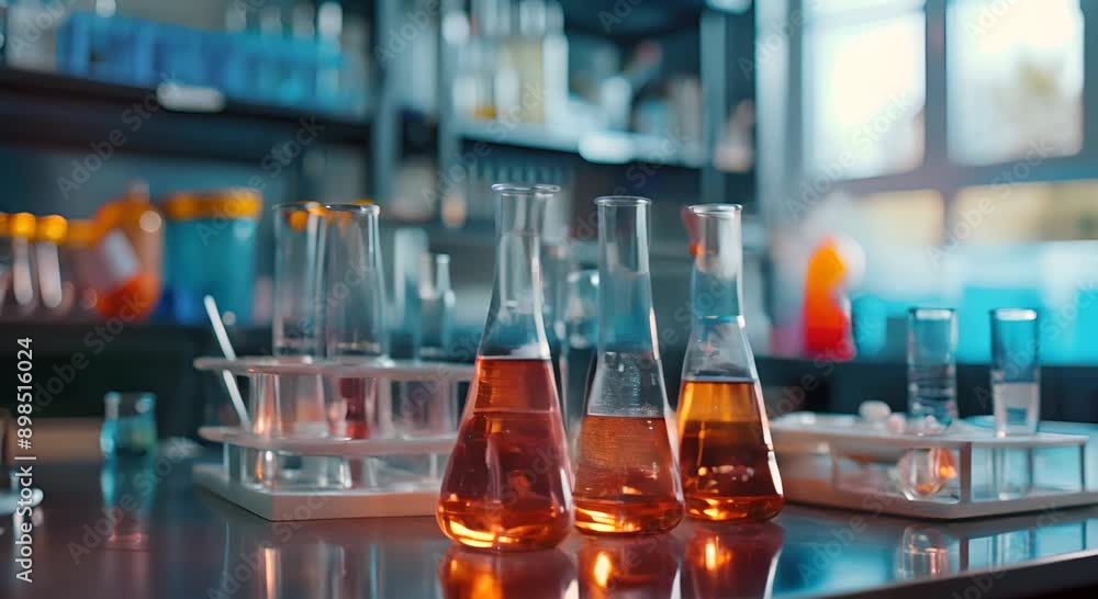 A lab table with several beakers and test tubes, including three orange ones. The table is set up for a science experiment A lab table with several beakers and test tubes, including three orange ones. The table is set up for a science experiment