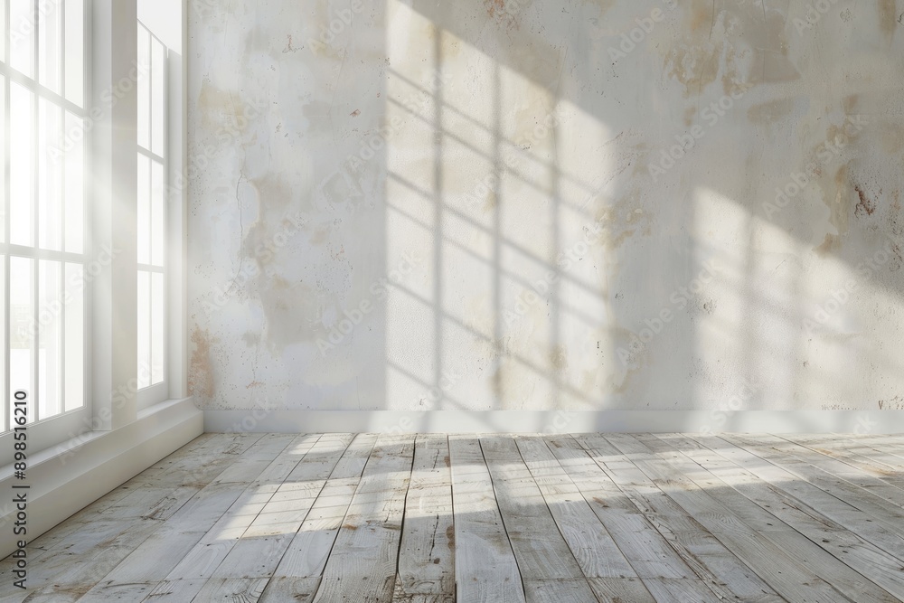 White Empty Wall and Wooden Floor With Sunlight Streaming Through a Window White Empty Wall and Wooden Floor With Sunlight Streaming Through a Window