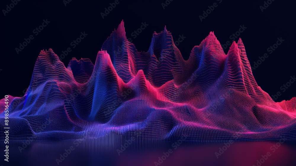 Fototapeta premium Abstract red and blue mesh terrain forming a mountain range on dark background
