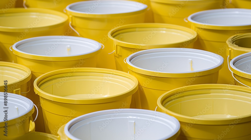 a group of yellow buckets a group of yellow buckets