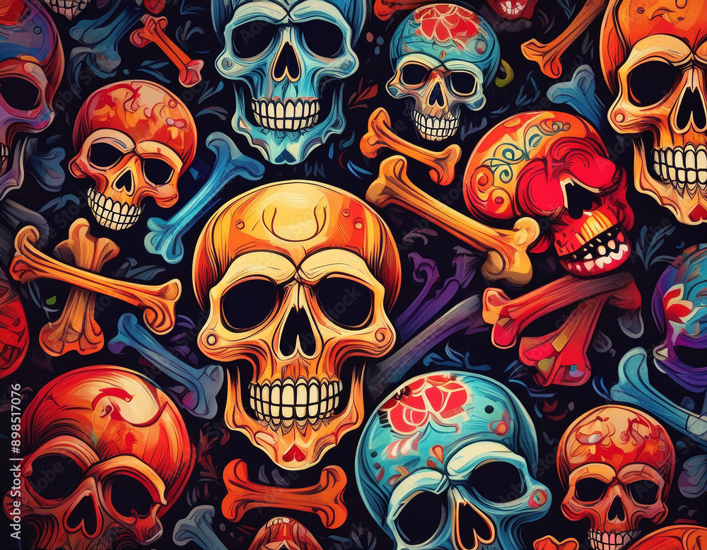 Seamless pattern of hand drawn Halloween skulls and crossbones giving a spooky and festive atmosphere Seamless pattern of hand drawn Halloween skulls and crossbones giving a spooky and festive atmosphere
