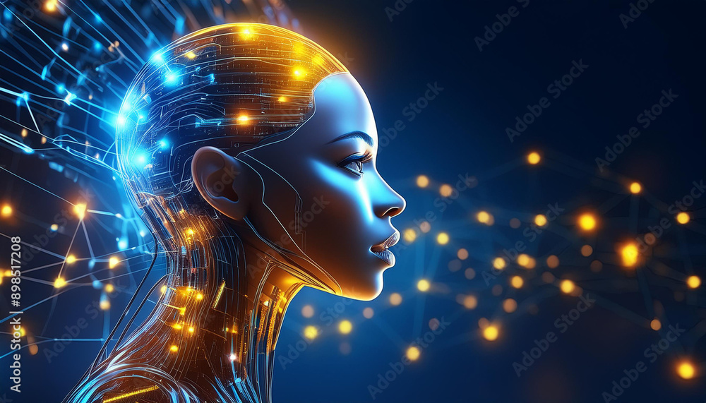Side view of a humanoid head with blue and yellow eyes and vibrant neon neural network Side view of a humanoid head with blue and yellow eyes and vibrant neon neural network