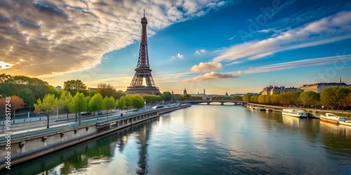 Views of the Eiffel Tower from bridge over the Seine River Creative AI