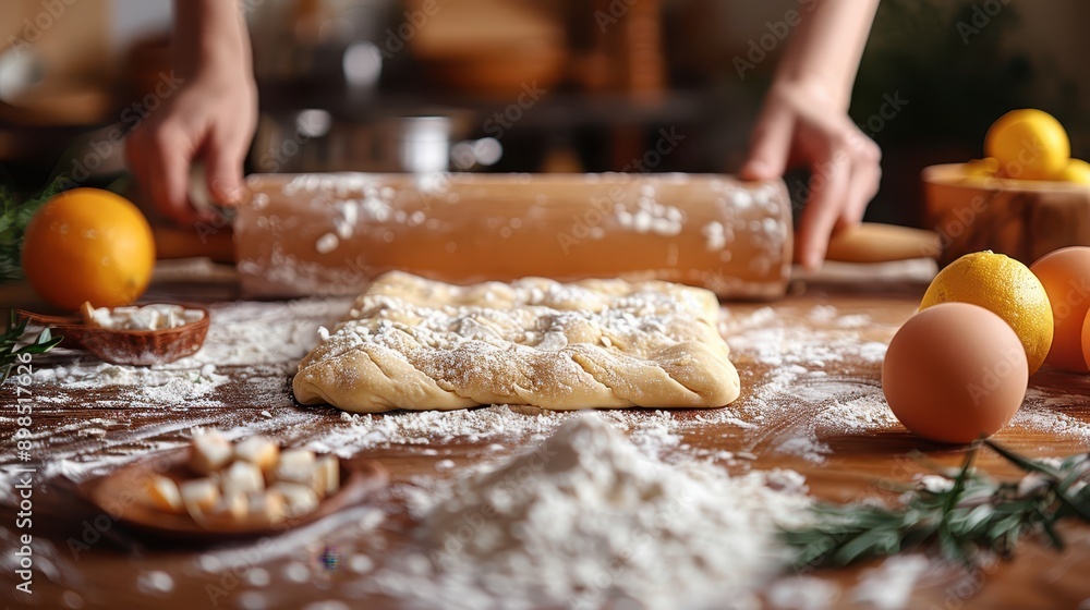 Close-up of Dough Rolled Out with Rolling Pin in Modern Kitchen Close-up of Dough Rolled Out with Rolling Pin in Modern Kitchen