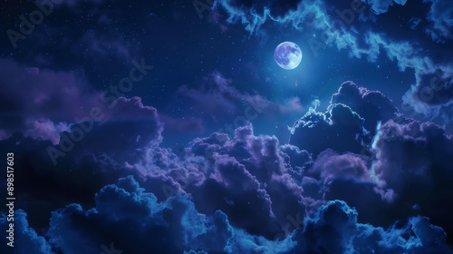 A gorgeous night sky shines with a full moon and puffy clouds in the pretty shades of blue, purple, and black.