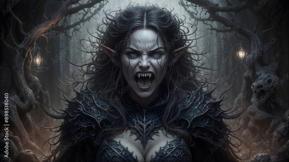 A woman elf, wearing armor, stands in a dark forest with a menacing expression A woman elf, wearing armor, stands in a dark forest with a menacing expression