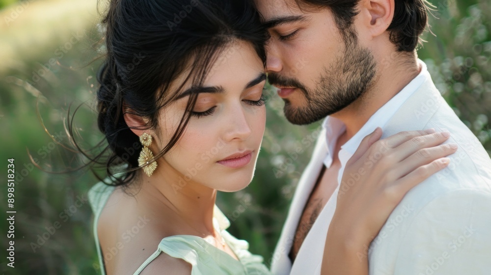 A man and woman are embracing each other in a field