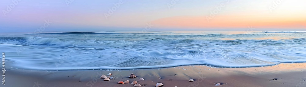 A serene beach at dawn with gentle waves, seashells on the sand, and a pastelcolored sky A serene beach at dawn with gentle waves, seashells on the sand, and a pastelcolored sky