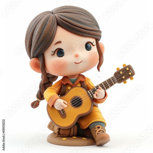 Cute Clay Artistic Girl in Retro Colors Playing Guitar 3D Icon with Kawaii Style