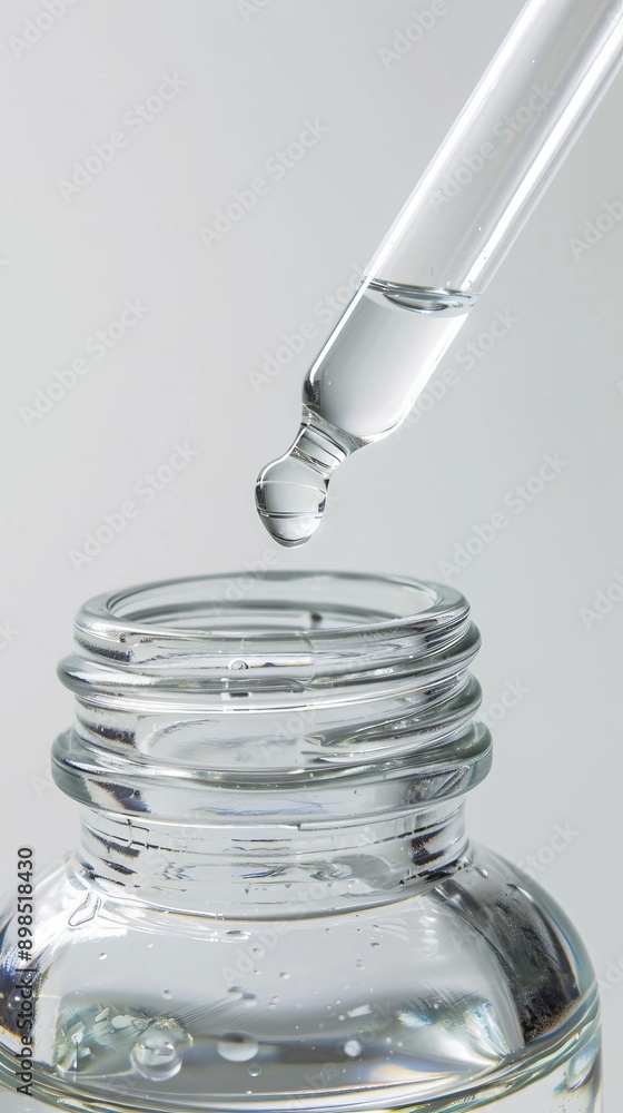Clear serum dropper above a glass jar, isolated on white background Clear serum dropper above a glass jar, isolated on white background