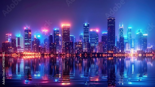 Nighttime Cityscape with Neon Lights Reflecting in Water - Illustration