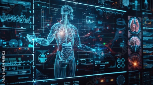 A conceptual image showing the intricate connection between human biology and artificial intelligence, with detailed diagrams of organs and digital data overlays, emphasizing the role of technology
