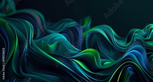 Abstract background wallpaper. Blue and green organic waves, 3D rendering illustration of curved wavy leaves. Design concept for wallpaper or banner template. Fungi fungus natural forest colors