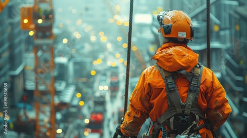 Editorial image of a crane operator in the cabin, maneuvering materials on a construction site The background shows the site and workers below Clear, bright daylight photo