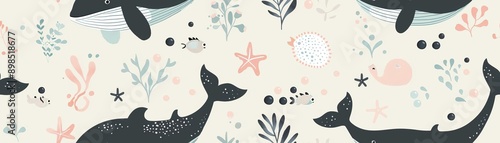 Baby whales and sea creatures, kid and baby style, seamless pattern background