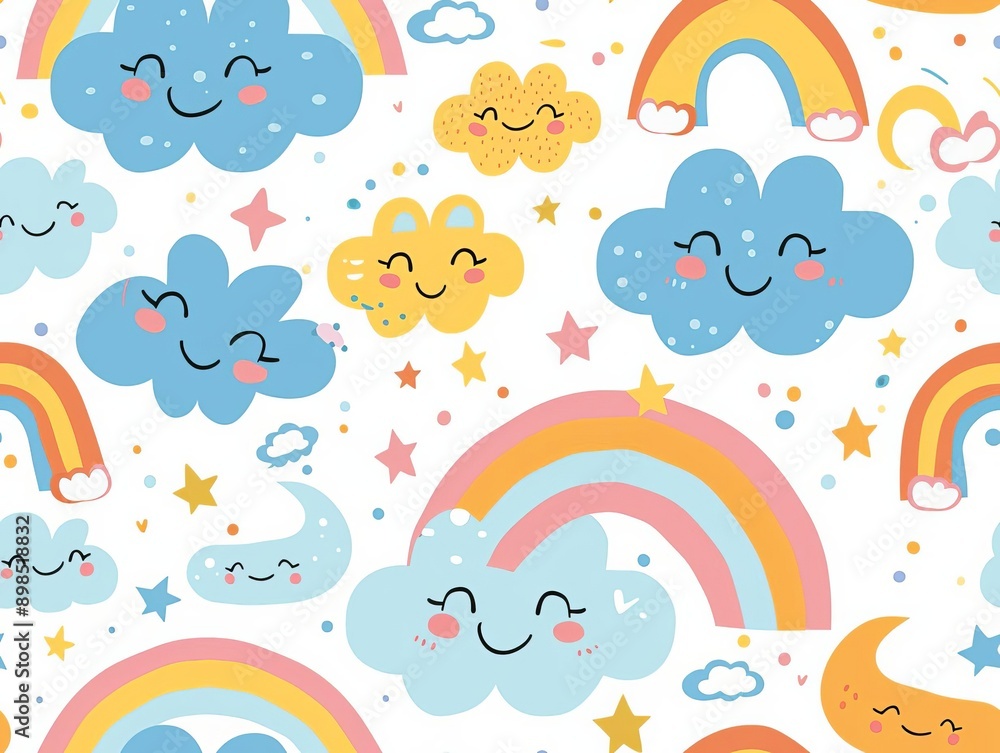 Fototapeta premium Smiling clouds and rainbows, kid and baby style, seamless pattern background