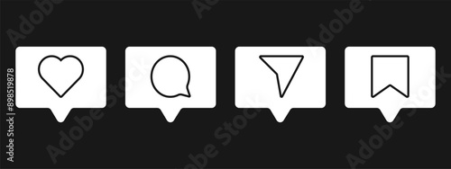 Media Icons interface social media like, chat, send and save symbols. Minimal ig set. Like notification, comment notification, follower notification social media