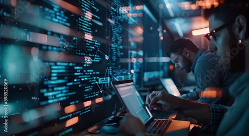 A man is working on a laptop in front of a computer monitor with a lot of code on it. Another man is also working on a laptop in the same room