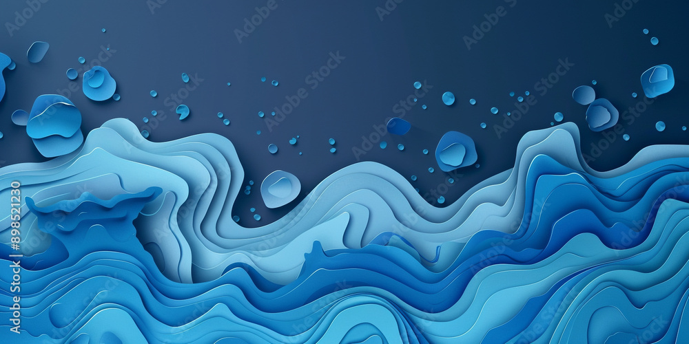 Paper art of blue swirl water. Water splash with blank space. Paper cut and craft style. Paper art of blue swirl water. Water splash with blank space. Paper cut and craft style.